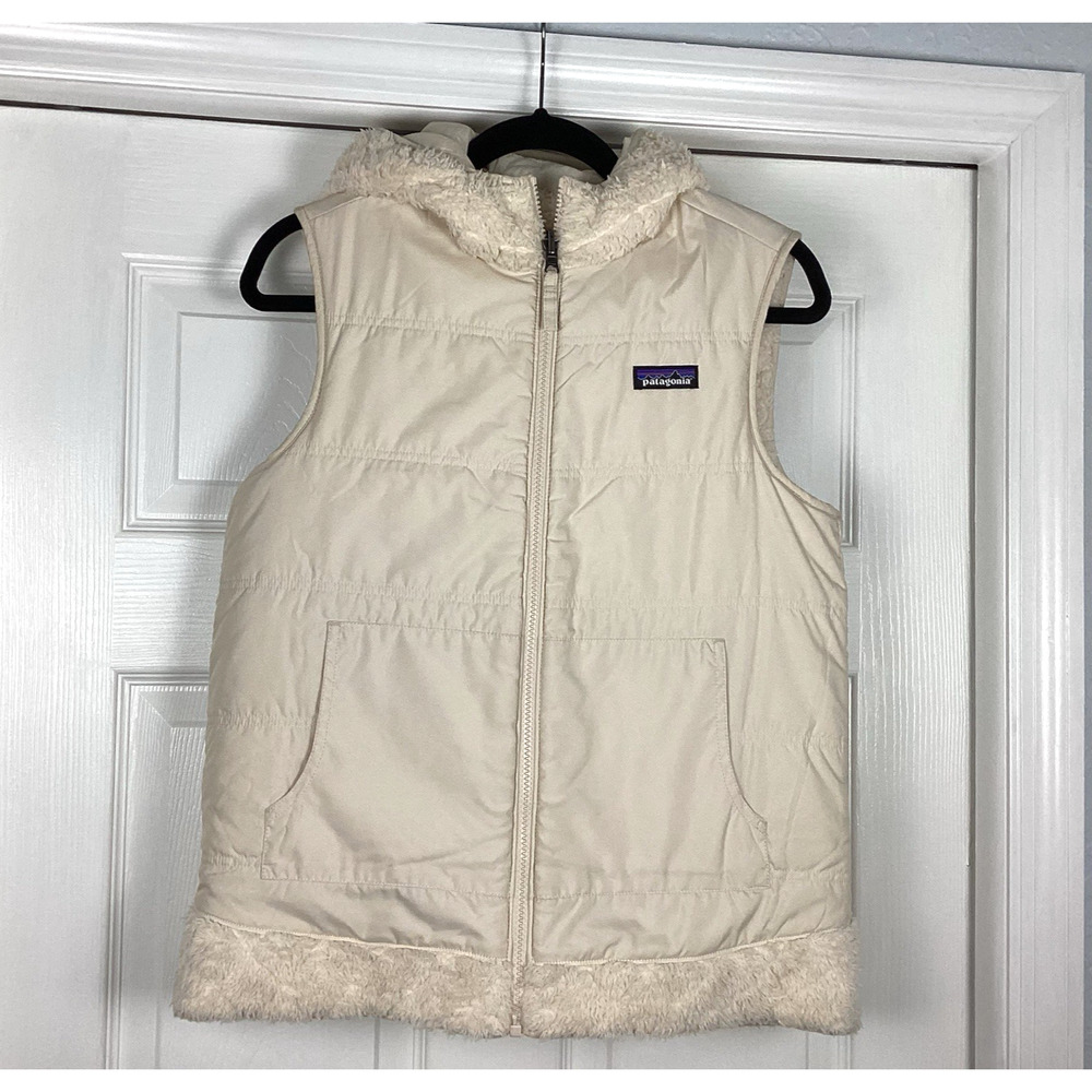 Patagonia Los Gatos Hooded Vest Womens M Ivory Reversible Fleece Puffer Coat